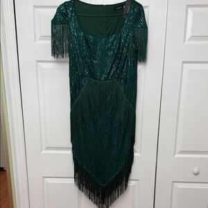 City Studios Asymmetrical Green Fringe Dress